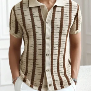 Striped Short Sleeve Casual Hollow Out Collar Knitted Polo Shirt