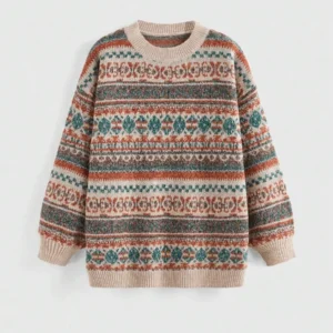 Fair Isle Relaxed Round Neck Loose Knit Sweater