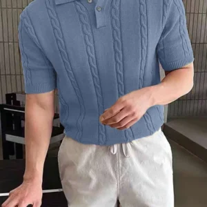 Solid Color Polo Shirt With Lapel Collar Knitted Top