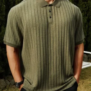 Solid Rib Knit Polo Shirt - Image 2