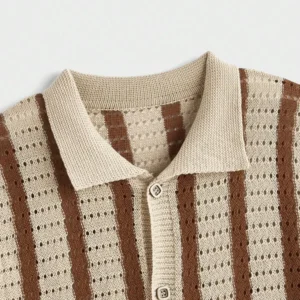 Striped Short Sleeve Casual Hollow Out Collar Knitted Polo Shirt - Image 2