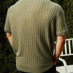 Solid Rib Knit Polo Shirt - Image 3