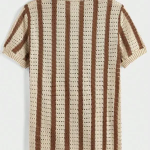 Striped Short Sleeve Casual Hollow Out Collar Knitted Polo Shirt - Image 3