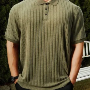 Solid Rib Knit Polo Shirt - Image 4