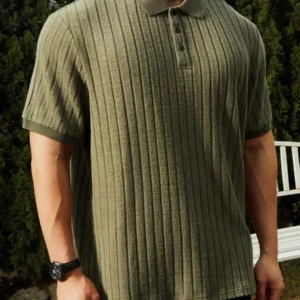 Solid Rib Knit Polo Shirt - Image 5