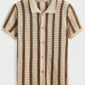 Striped Short Sleeve Casual Hollow Out Collar Knitted Polo Shirt - Image 4