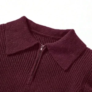 Zipper Long Sleeve Plain Casual Loose Comfy Knitted Collar Sweater - Image 5