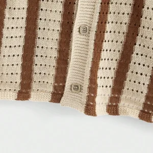 Striped Short Sleeve Casual Hollow Out Collar Knitted Polo Shirt - Image 5