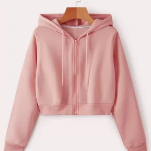 Zip Up Drawstring Crop Thermal Hoodie