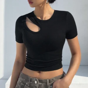 Solid Color Hollow Out Slim Fit Short Sleeve