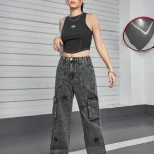 Casual Streetwear Star Print Washed Denim Cargo Pants