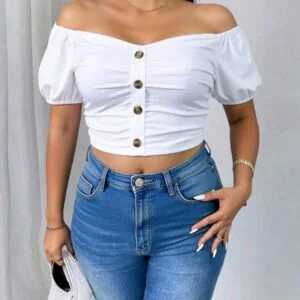 Plus Size Women Off Shoulder Puff Sleeve Cropped