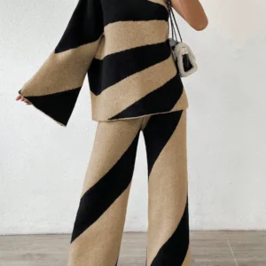 One Shoulder Color Block Sweater And Knitted Pants Set
