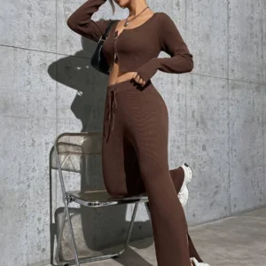 Zipper Front Cardigan And Drawstring Waist Flare Leg Knit Pants