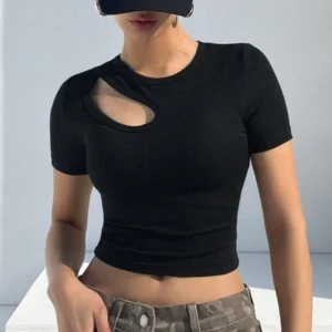 Solid Color Hollow Out Slim Fit Short Sleeve - Image 2