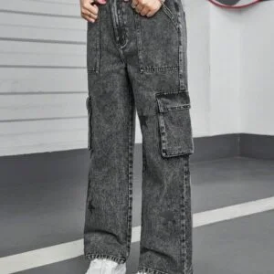 Casual Streetwear Star Print Washed Denim Cargo Pants - Image 2
