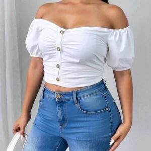 Plus Size Women Off Shoulder Puff Sleeve Cropped - Image 2