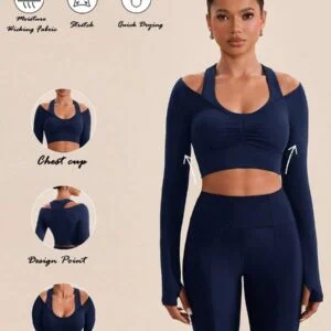 Solid Color Ruched Cutout Shoulder Long Sleeve - Image 2