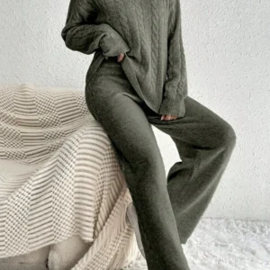 Casual Daily V Neck Cable Knit Sweater & Trousers - Image 2