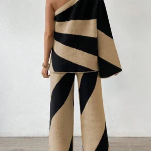 One Shoulder Color Block Sweater And Knitted Pants Set - Image 2