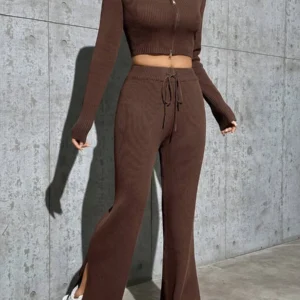 Zipper Front Cardigan And Drawstring Waist Flare Leg Knit Pants - Image 2
