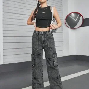 Casual Streetwear Star Print Washed Denim Cargo Pants - Image 3