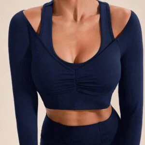 Solid Color Ruched Cutout Shoulder Long Sleeve - Image 3