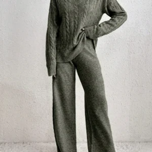 Casual Daily V Neck Cable Knit Sweater & Trousers - Image 3