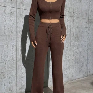 Zipper Front Cardigan And Drawstring Waist Flare Leg Knit Pants - Image 3