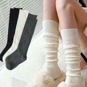Knitted Socks Solid Color Vertical Bar Warm Knee Length Socks