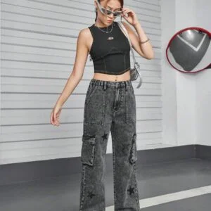 Casual Streetwear Star Print Washed Denim Cargo Pants - Image 4