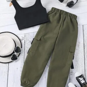 Solid Tank Top & Flap Pocket Cargo Pants - Image 4