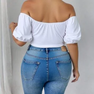 Plus Size Women Off Shoulder Puff Sleeve Cropped - Image 3