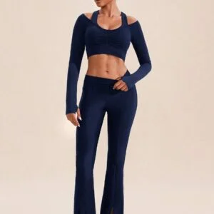 Solid Color Ruched Cutout Shoulder Long Sleeve - Image 4