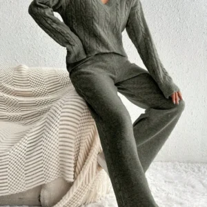 Casual Daily V Neck Cable Knit Sweater & Trousers - Image 4