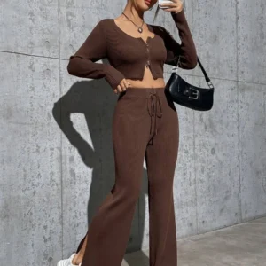 Zipper Front Cardigan And Drawstring Waist Flare Leg Knit Pants - Image 4