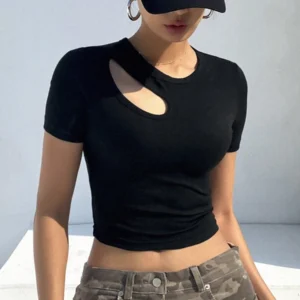 Solid Color Hollow Out Slim Fit Short Sleeve - Image 3