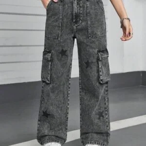 Casual Streetwear Star Print Washed Denim Cargo Pants - Image 5