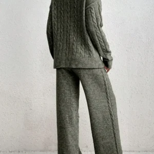 Casual Daily V Neck Cable Knit Sweater & Trousers - Image 5