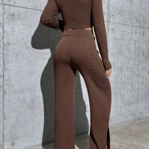 Zipper Front Cardigan And Drawstring Waist Flare Leg Knit Pants - Image 5