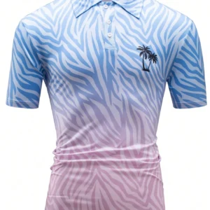 Men Fashion Color Block Palm Tree Print Short Sleeve Polo Shirt