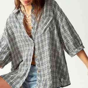 Woven Plaid Short Sleeve Loose Fit Blouse For Women