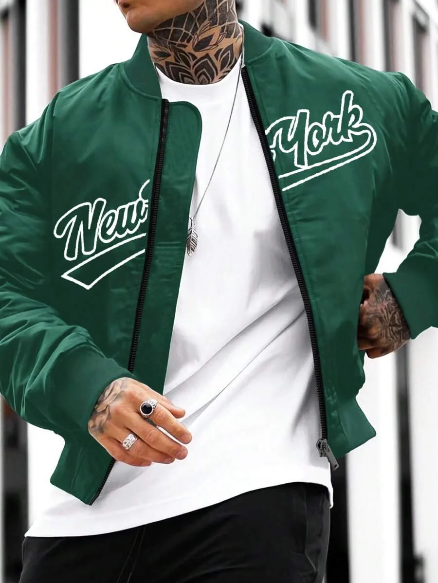 Baseball Jacket With Letter Print Long Sleeves