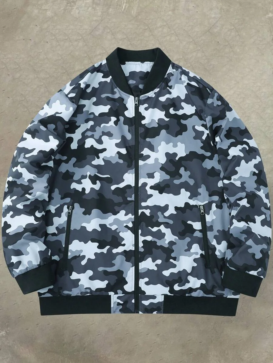 Casual Camo Print Zip Up Jacket Suitable