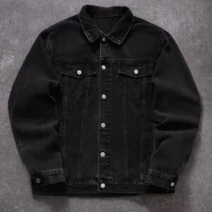 Black Washed Denim Jacket With Graffiti Letter Print