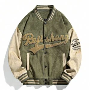 Color Block Plush Button Front Baseball Jacket - Image 2