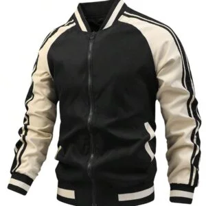 Color Block Zipper And Pockets Bomber Baseball Jacket