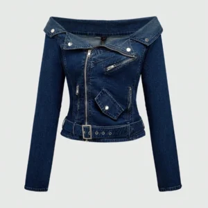 Off Shoulder Form Fitting Cropped Denim Moto Jacket