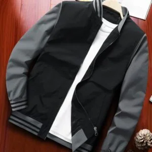 Loose Fit Colorblock Striped Trim Bomber Jacket