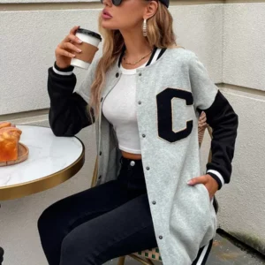 Letter Patched Colorblock Drop Shoulder Varsity Jacket